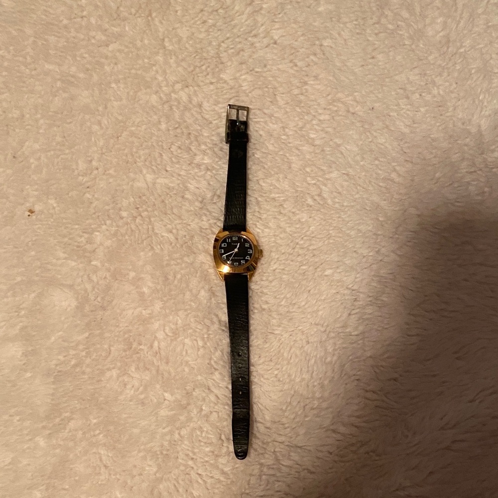Vintage Timex Black Leather Strap Watch with Gold Case